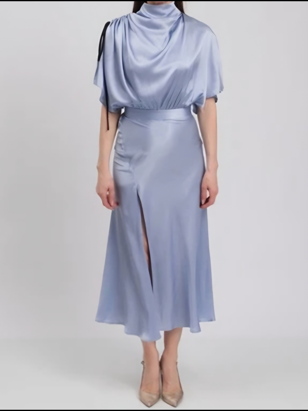 Ellery Satin Midi Dress in Light Blue with High Slit